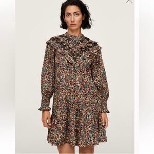 Mango Embroidered Floral Dress Boho Cottagecore Long Sleeve Ruffle Neck S NWT